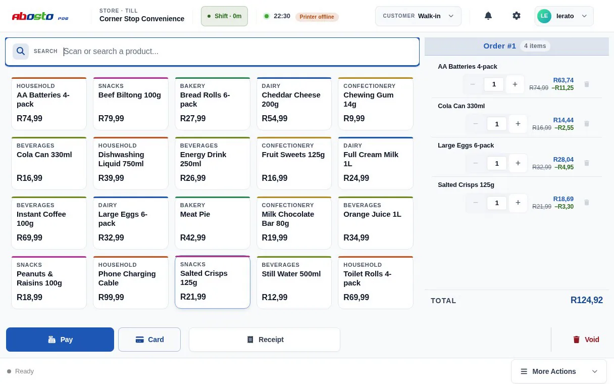 The Abosto till set up for a convenience store: twenty text-only quick keys across household, dairy, bakery, confectionery, snacks and drinks, and a four-line basket on the right totalling R124,92.
