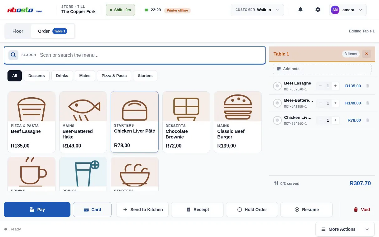The Abosto till set up for a restaurant: a Floor and Order switch with the order badged Table 1, eight menu tiles, a three-line order on the right totalling R307,70 and marked 0 of 3 served, and an action bar carrying Pay, Card and Send to Kitchen.